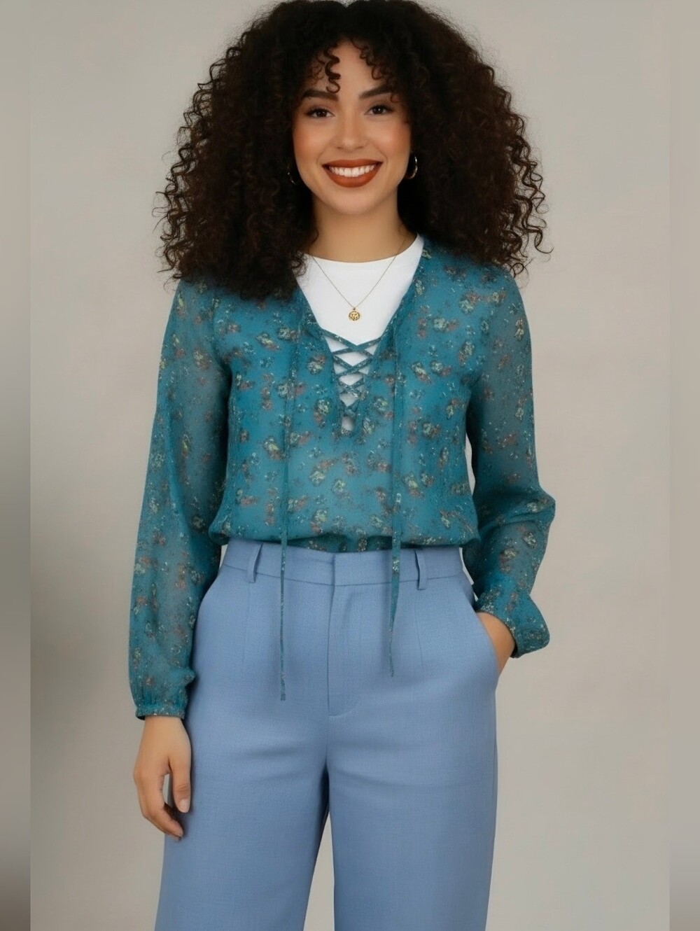 Eyeshadow Women M Teal Floral Tie-Neck Blouse - Unknown Brand